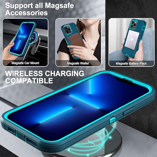 YKHJKLEC for iPhone 13 Pro Case, Compatible with Magsafe, Military Grade 3 in 1 Heavy Duty Shockproof/Drop Proof/Dust Proof Case with 2Pcs Tempered Glass Screen Protector (New-Blue/Turquoise) - color: New-Blue/Turquoise