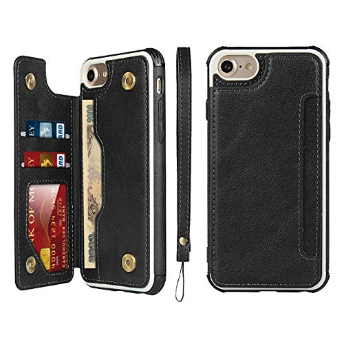 iCoverCase Compatible with iPhone SE(2022)/SE(2020)/7/8/6/6s Wallet Case with Card Slots Holder and Wrist Strap Premium PU Leather Kickstand Magnetic Clasp Shockproof Flip Cover Case (Black) - color: Black