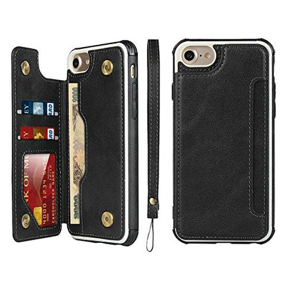 iCoverCase Compatible with iPhone SE(2022)/SE(2020)/7/8/6/6s Wallet Case with Card Slots Holder and Wrist Strap Premium PU Leather Kickstand Magnetic Clasp Shockproof Flip Cover Case (Black) - color: Black