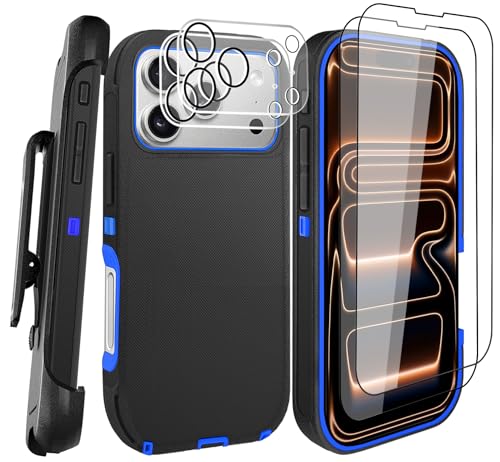 for iPhone 17 Pro Max Case with 2 Camera Lens Protector & 2 Screen Protector, Heavy Duty Full Body Protective Phone Case 6.9" (Belt Clip,BlackBlue) - color: 17 Pro Max-Belt Clip+BlackBlue