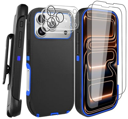 for iPhone 17 Pro Max Case with 2 Camera Lens Protector & 2 Screen Protector, Heavy Duty Full Body Protective Phone Case 6.9" (Belt Clip,BlackBlue) - color: 17 Pro Max-Belt Clip+BlackBlue