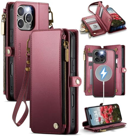 Defencase for iPhone 16 Pro Max Case Wallet Compatible with Magsafe, W-Red | Drop-Proof Magnetic Detachable Phone Cases Cover, with RFID Bolcking Card Holder, Zipper Strap, PU Leather, Removable Wallet - color: (Detachable with Magsafe)-Wine Red