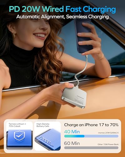 MOMAX Magnetic Portable Charger, 10000mAh Magnetic Power Bank PD 3.0 Battery Pack USB-C 15W Fast Charging Bank, 0.5inch Wireless Charger Compatible with iPhone 17/16/15/14/13/12 Series - color: Titanium2, size: 10000mAh