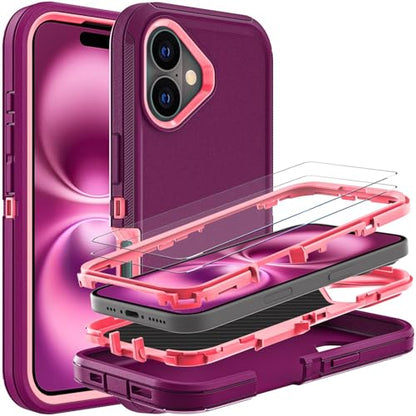 YKHJKLEC for iPhone 16 Plus Case, Military Grade 3 in 1 Heavy Duty Shockproof/Drop Proof/Dust Proof Case with 2Pcs Tempered Glass Screen Protector (Purple/Pink) - color: Purple/Pink