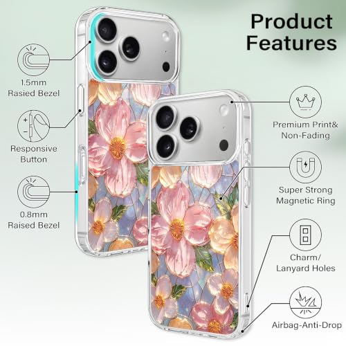 for iPhone 17 Pro Max Magnetic Case【Compatible with MagSafe】 Aesthetic Oil Painting Stained Glass Flower Design, Slim Fit Hard PC Back Shockproof Cute Clear Phone Cover, Pink - color: Pink, size: iPhone 17 Pro Max