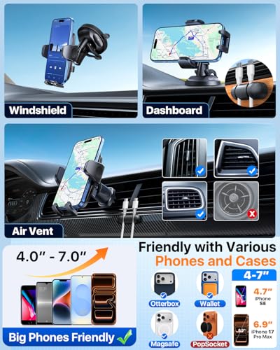 HTU [2026 Latest Upgrade Military-Grade Anti-Shake Car Phone Holder, 90+LBS Strong Suction Car Phone Mount, 360° Rotatable Mount for Dashboard Windshield Vent, for iPhone 17/16 Pro Max, Deep Gray - color: Deep Gray