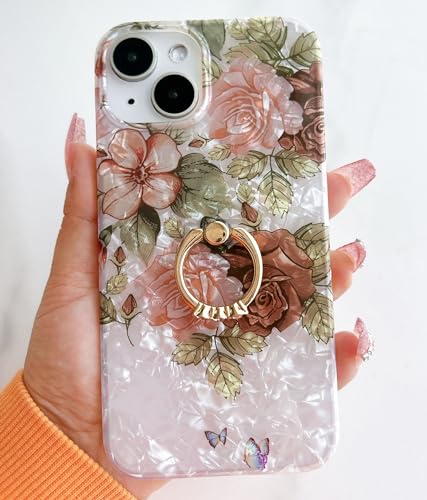Qokey for iPhone 13/14 Case 6.1 inch,Flower Design Cute Clear for Women Girls with 360 Degree Rotating Ring Kickstand Soft TPU Shockproof Cover Brown Floral - color: Brown