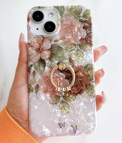 Qokey for iPhone 13/14 Case 6.1 inch,Flower Design Cute Clear for Women Girls with 360 Degree Rotating Ring Kickstand Soft TPU Shockproof Cover Brown Floral - color: Brown