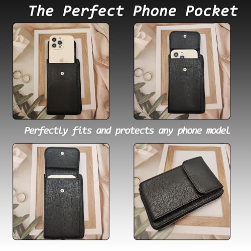 Cell Phone Crossbody Lanyard with Zipper Pouch PU Leather Crossbody Phone Bags Purses with Strap Wallet - color: Black Vertical