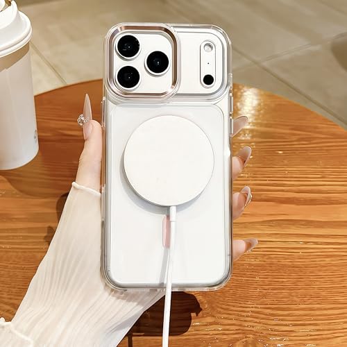 for iPhone 17 Pro Max Clear Case with Electroplated Camera Ring & Buttons, MagSafe Compatible, Military-Grade Shockproof, Anti-Yellowing Slim Transparent Cover - color: Pink