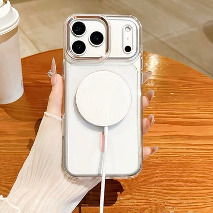 for iPhone 17 Pro Max Clear Case with Electroplated Camera Ring & Buttons, MagSafe Compatible, Military-Grade Shockproof, Anti-Yellowing Slim Transparent Cover - color: Pink
