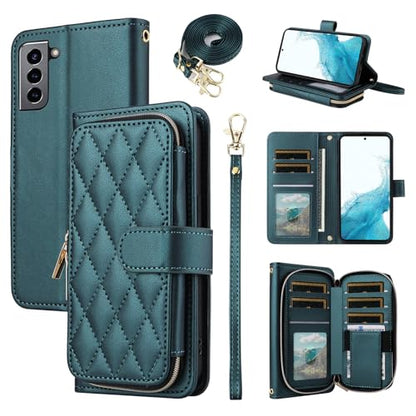 Wallet Case for Samsung Galaxy S21 5G 6.2 inch with Wrist Strap, 9+ Card Slots Zipper Purse, Luxury PU Leather Stand Full Body Accessories Cell Phone Cover for S 21 21S G5 Women Girls Green | Girls, Wrist/Shoulder Strap, 9+ Card Slots Zipper Purse, Luxury
