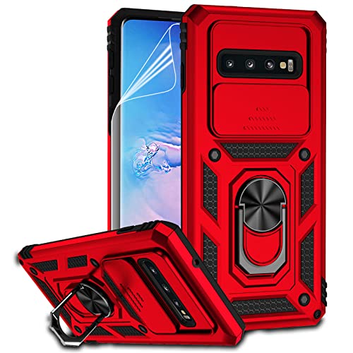 for Samsung Galaxy S10 Plus Case with Camera Lens Cover HD Screen Protector, Military-Grade Drop Tested Magnetic Ring Holder Kickstand Protective Phone Case for Samsung Galaxy S10+ Plus (Red) - color: Red with camera cover Military-Grade 2nd gen