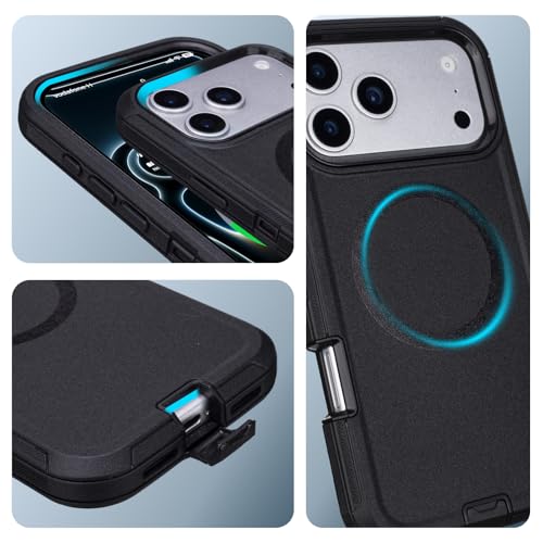 Defender for iPhone 17 Pro Max Magnetic Case with Belt Clip Holster, Black | Compatible with MagSafe, Heavy Duty Drop Protection, Rugged Durable Protective Case for iPhone 17 Pro Max with Kickstand - color: Black