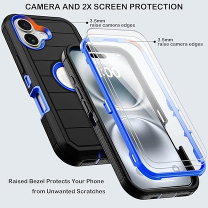 for iPhone 16 Case with Belt Clip Holster,2X Screen Protectors,Heavy Duty Shockproof Drop Protection Military Grade 3 Layers Full Covered Rugged Durable Phone Cover with Kickstand 6.1“ (Black Blue - color: Black Blue w Clip