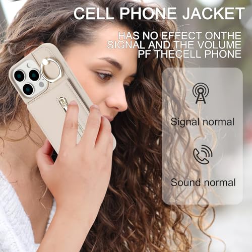 Crossbody Wallet Case for iPhone 12 Pro Max, with Card Slots Zipper Pocket Case, Flip Folio Purse RFID Blocking with Ring Kickstand Detachable Strap-Beige - color: Beige, size: iPhone 12 Pro Max(6.7")