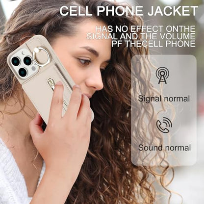 Crossbody Wallet Case for iPhone 12 Pro Max, with Card Slots Zipper Pocket Case, Flip Folio Purse RFID Blocking with Ring Kickstand Detachable Strap-Beige - color: Beige, size: iPhone 12 Pro Max(6.7")