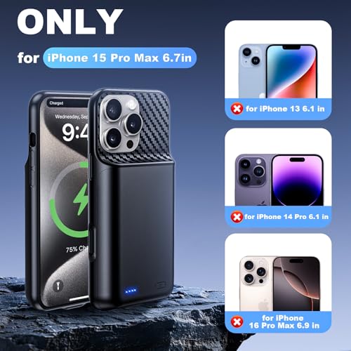 Battery Case for iPhone 15 Pro Max (6.7 inch), 2026 Upgraded High Capacity 13800mAh Battery Pack Rechargeable Charger External Charging Case with Tempered Glass Screen Protector Black - size: iPhone 15 Pro Max