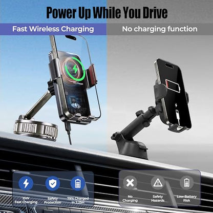 Car Phone Holder Charger, 15W Wireless Car Charger with Auto Clamp & Smart Sensor, Rotating Vacuum Suction Cup Dashboard/Windshield Phone Mount, 360° Adjustable Car Mount for iPhone, Samsung, Black - size: for General Suction Cup PM