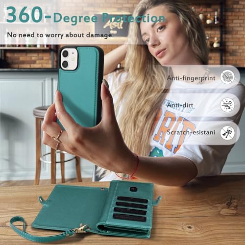 for Wallet Case Compatible with iPhone 11,Multi-Function Detachable 2 in 1 Magnetic iPhone 11 Wallet,Flip Strap Zipper Card Holder Phone Case with Shoulder Straps (Green) - color: Green, size: iPhone 11
