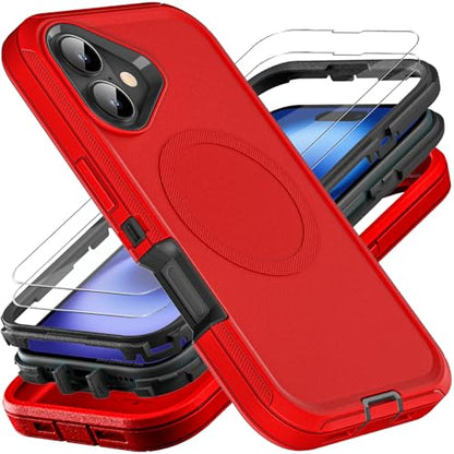 YKHJKLEC for iPhone 16 Case, Compatible with Magsafe, Military Grade 3 in 1 Heavy Duty Shockproof/Drop Proof/Dust Proof Case with 2Pcs Tempered Glass Screen Protector (New-Red/Black) - color: New-Red/Black