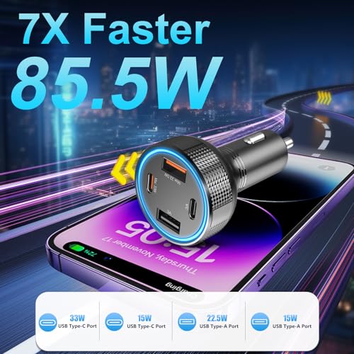 Retractable Car Charger USB C 78W & 85.5W 4 in 1 Fast Car Charger - color: Dark gray