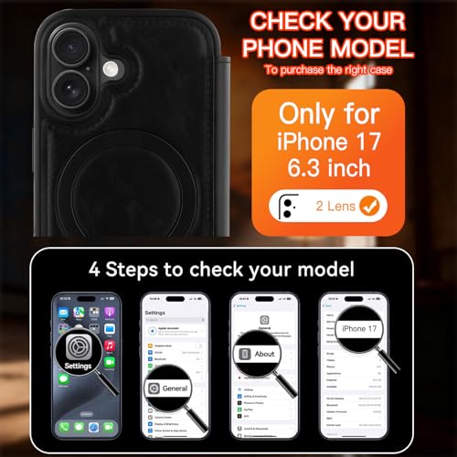 Wallet Phone Case Crafted for iPhone 17 Black | PU Leather Phone Case Flip Cover Wrist Strap Card Holder Slots - color: Black-2, size: iPhone 17