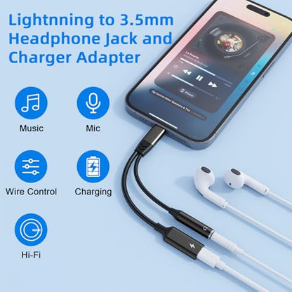 2-in-1 Lightning to 3.5mm Jack Headphone and Charger Cable Adapter,Earphones Converter Splitter Support Music+Charge+HiFi+Mic+Control for iPhone 14 Pro Max/14 13 12 11【Apple MFi Certified