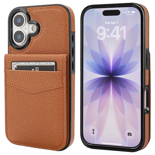 KIHUWEY for iPhone 17 Wallet Case Card Holder Kickstand, Lichee Light Brown | Credit Card Slots, PU Leather, Magnetic Clasp, Flip Heavy Duty Protection Cover for Men and Women - color: Lichee Light Brown