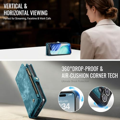 Compatible with iPhone 17 Wallet Case with Magsafe,Blue | Magnetic Detachable Case,Card Holder,Zipper Pocket,Strap Wristlet, Soft Leather Drop-Proof Phone Case for iPhone 17 6.3" - color: (Detachable and Magsafe)-Blue, size: iPhone 17 6.3 Inch