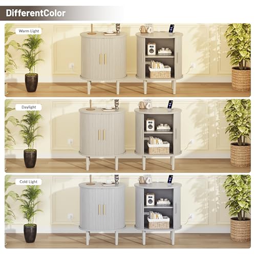 DHH Mid Century Modern Nightstand with Charging Station, Fluted Accent Side Table with Sliding Door & Adjustable Shelf, End Table for Small Space, Living Room, Bedroom,Sofa Couch(1, White) - color: Grayish White