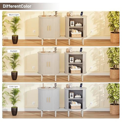 DHH Mid Century Modern Nightstand with Charging Station, Fluted Accent Side Table with Sliding Door & Adjustable Shelf, End Table for Small Space, Living Room, Bedroom,Sofa Couch(1, White) - color: Grayish White