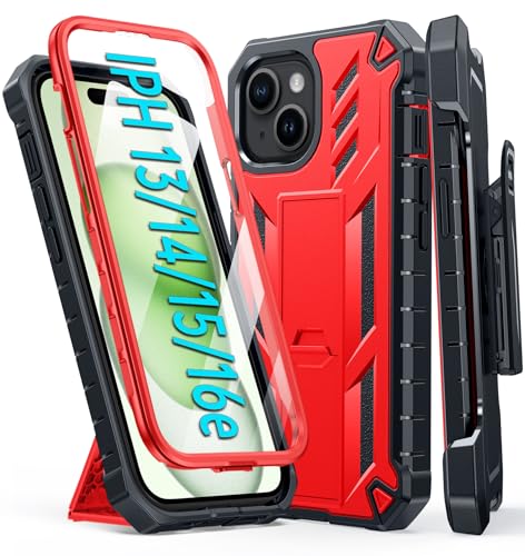 FNTCASE for iPhone 15 Case with Belt Clip and Built-in Screen Protector Red | Rugged Kickstand, 20FT Military-Grade Drop Protection, Full Body Heavy Duty Shockproof Holster, Hard Protective Cover - color: Red
