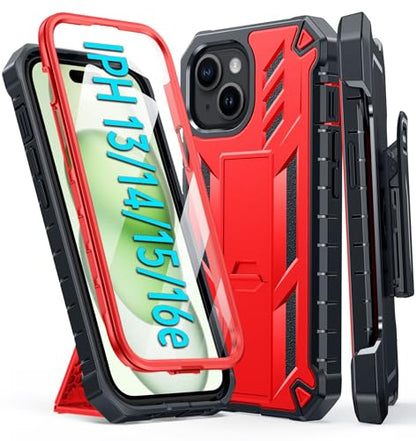 FNTCASE for iPhone 15 Case with Belt Clip and Built-in Screen Protector Red | Rugged Kickstand, 20FT Military-Grade Drop Protection, Full Body Heavy Duty Shockproof Holster, Hard Protective Cover - color: Red
