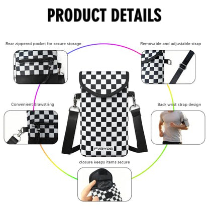 Neoprene Phone Sleeve Pouch Case Bag for Men Women w/Crossbody Strap/Neck Lanyard for iPhone 17/16/15/14 Pro Max, Samsung S25，Pixel 10 - color: Black & White Checkered