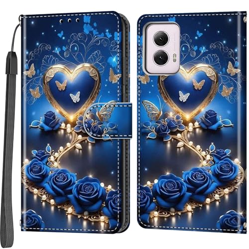 Case Wallet for Motorola Moto G Power 5G 2024, Blue Flower | Kickstand, 3 Card Holder, Shockproof TPU Interior Shell, PU Leather, Magnetic Flip Cover, Lanyard Strap - color: Pic:09