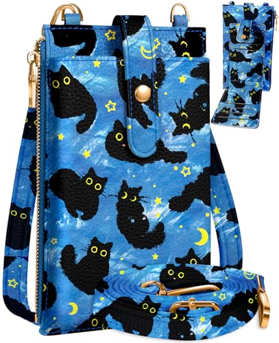 Miss Adola RFID Cell Phone Purse Crossbody Bag for Women | RFID Blocking, Card Slots, Dual Straps, Leather Phone Wallet, Magnetic Buckle, Smooth Zipper, Crossbody Purse for Daily Use - color: Blue Moon Cat