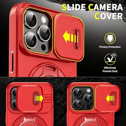 Rugged Shockproof Case for iPhone 17 Pro Max, Heavy Duty Protective Phone Case with Slide Camera Cover, 360° Rotatable Ring Stand & Magnetic Car Mount Compatible (Red,iPhone 17 Pro Max) - color: Red