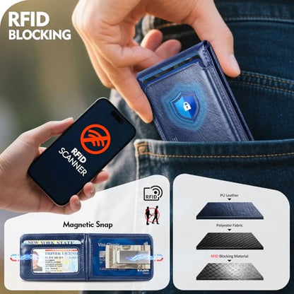Shieldtop RFID Blocking MagSafe Wallet Stand with Card Holder,5 Card Slots & ID Window,PU Leather Magnetic Adjustable Kickstand for iPhone 12/13/14/15/16/17 Pro Max & Air Plus Series,Blue - color: Blue