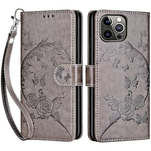 for iPhone 13 Pro Wallet case, Gray Flower | 3 Card Holders, Kickstand, Shockproof TPU Shell, PU Leather, Magnetic Closure, Protective Flip Folio Cover, Women - color: 9