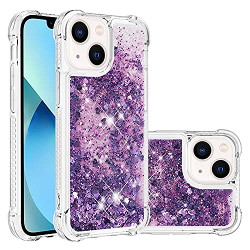 LEMAXELERS for Apple iPhone 13 Bling Glitter Liquid Case. YBL Purple | Cute Floating Quicksand Liquid Shockproof Protective, Sparkle Soft TPU for Women Girls Cover for iPhone 13 - color: Love-6, size: iPhone 13
