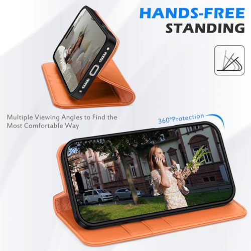SHIELDON Genuine Leather Case Wallet for iPhone 17 Pro 6.3" 2025, Orange | Magnetic Closure, RFID Blocking, Credit Card Slot, Kickstand, Flip Book Design, Soft Shockproof Phone Cover - color: Orange