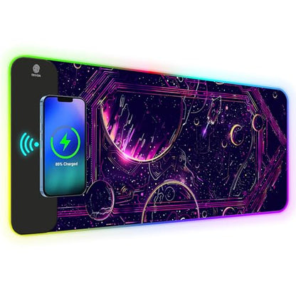 AIMSA Wireless Charging,15W Wireless Fast Charging with Mouse Pad, Large Keyboard RGB Mouse Pad with 14 LED Light Modes, Non-Slip Desk Pad, Purple Planet - color: Purple Planet