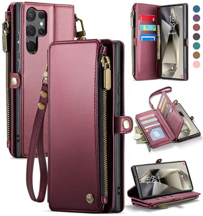 Defencase for Samsung Galaxy S23 Ultra Wallet Case with Card Holder, W-Red | Durable PU Leather, with RFID Blocking Zipper Pocket, Wrist Strap, S23 Ultra Flip Phone Cases Cover with Stand for Women Men - color: Fashion Purple Red