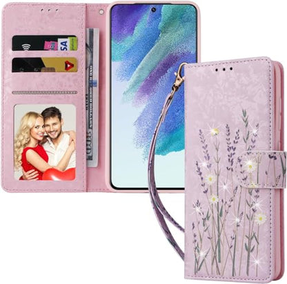 UEEBAI Wallet Case for Samsung Galaxy A35 5G, PU Leather Phone Case Kickstand RFID Blocking Flip Case Card Slots Wrist Strap Relief Engraved Pattern Magnetic Closure Folio Case - Pansy - color: Pansy