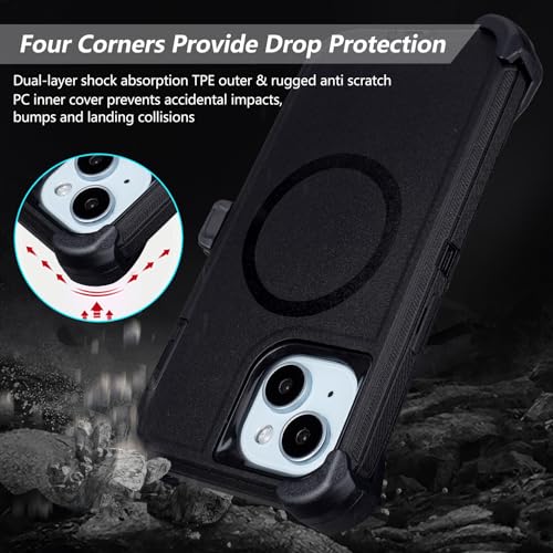 Magnetic for iPhone 13 Case with Belt Clip, Holster with Kickstand, Black | Compatible with MagSafe, Heavy Duty Military Grade Drop Protection, 3-Layer Rugged Shockproof for iPhone 13 Protective Case - color: Black