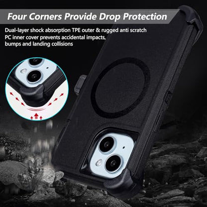 Magnetic for iPhone 13 Case with Belt Clip, Holster with Kickstand, Black | Compatible with MagSafe, Heavy Duty Military Grade Drop Protection, 3-Layer Rugged Shockproof for iPhone 13 Protective Case - color: Black
