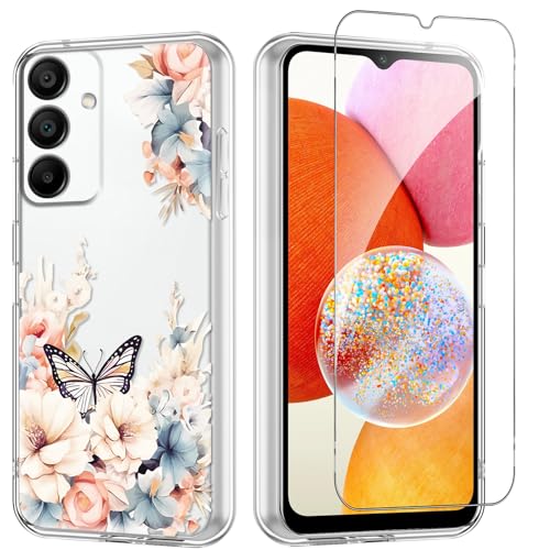 Flower Phone Case Floral for Samsung Galaxy A14 5G 6,6'' with Screen Protector, Clear Transparent Phone Cover Slim Soft Shockproof Anti-Scratch Drop Protection Funda for Girls Women, 01 - color: Flower 01, size: Samsung Galaxy A14 5G
