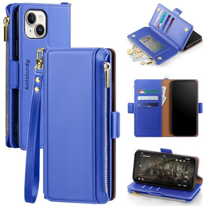 Antsturdy for iPhone 14 Plus Phone Wallet Case Women,Purple Blue | RFID Blocking,with Credit Card Holder Slots,PU Leather Purse,Zipper Pocket,Wrist Strap Kickstand,Flip Folio Cover for Men - color: Purple Blue