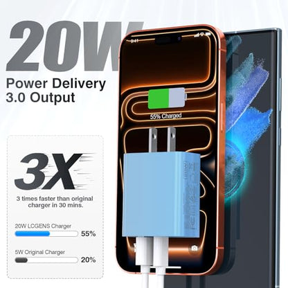 [20W/2Pack] Fast Charger Block, USB C Wall Charger, Charger Cube, Dual Port PD Fast Charging Block Brick Compatible for Watch Series 10 iPhone 15 16 17 Pro Max Airpod Brick Plug Power Adapter, Blue - color: Blue